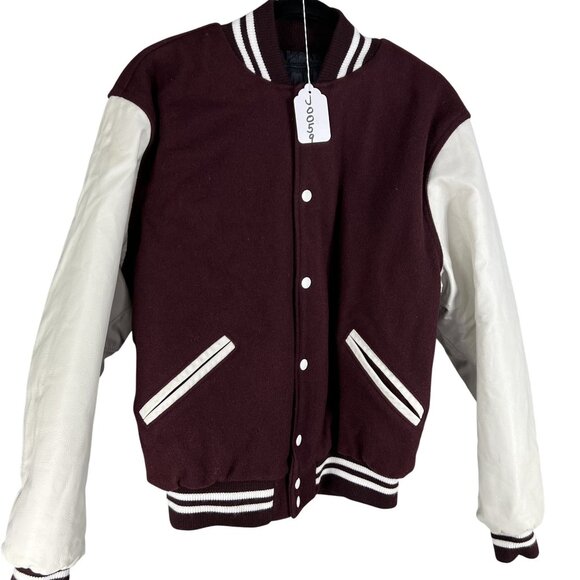 Rennoc Classic Men M Varsity Letterman Bomber Jacket Wool Quilted Burgundy White - Picture 16 of 16